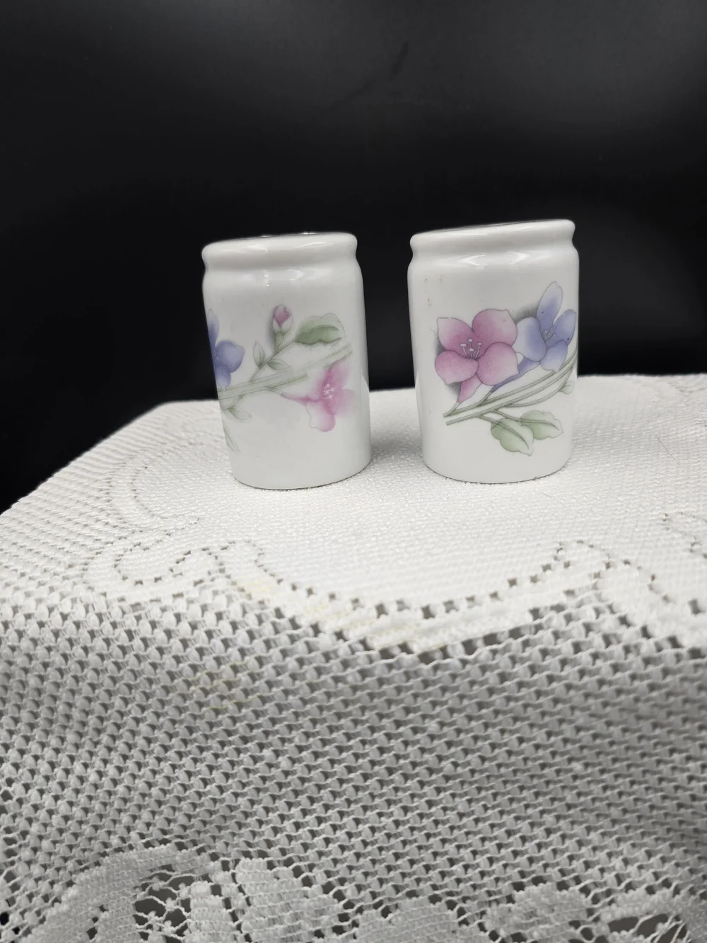 Porcelain Floral Salt and Pepper Shakers - White with Pink & Lavender Flowers